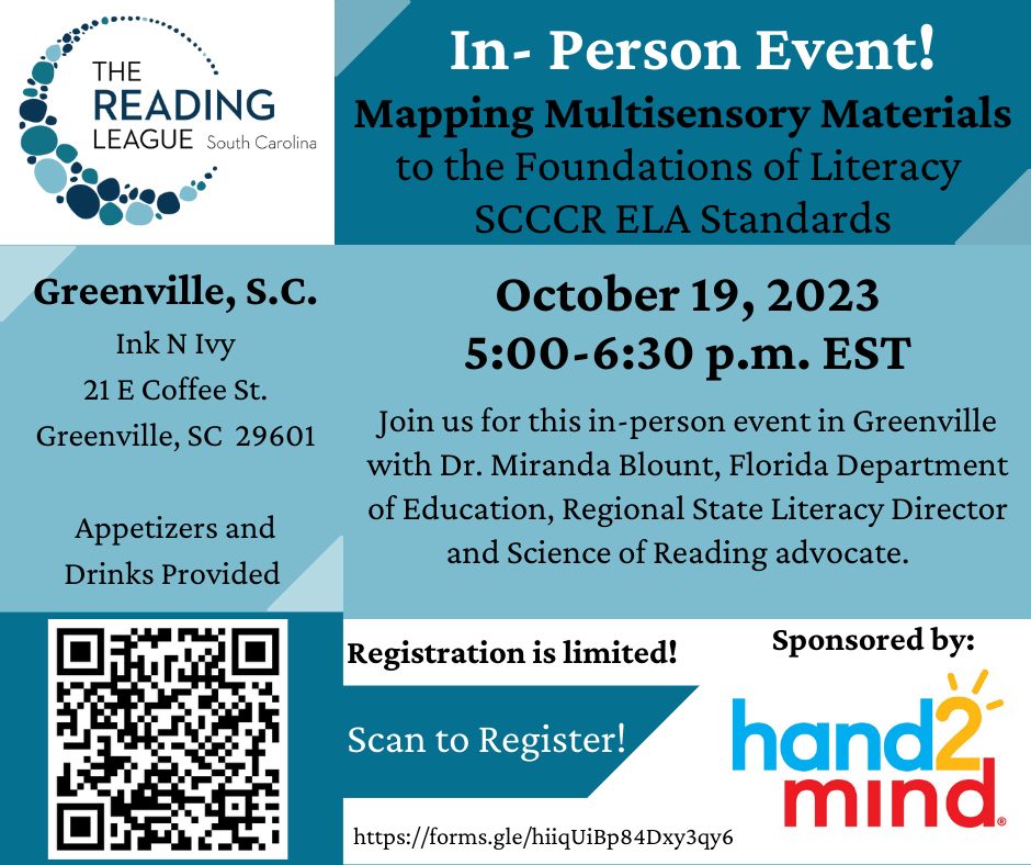 Mapping Multisensory Materials Join us on the evening of October 19th, 2023 in Greenville, S.C. for this in-person event! Hand2Mind has sponsored appetizers and refreshments. Registration is limited, so make plans to join us, now! https://forms.gle/aeCtdfANhLFsdTiL9